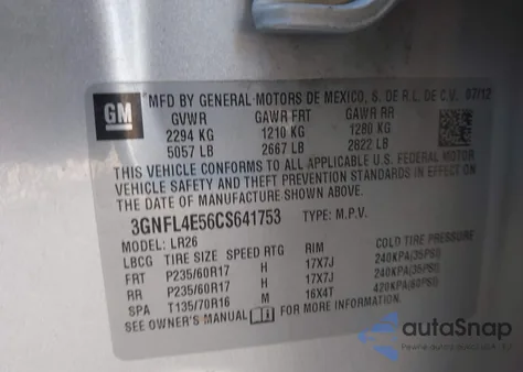 2012 Chevrolet Captiva Sport Ltz z USA, uszkodzony, nr VIN 3GNFL4E56CS641753